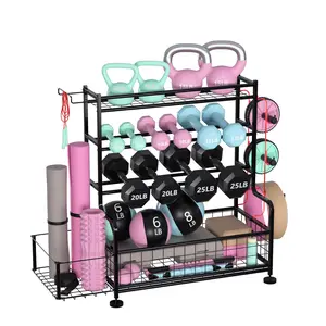 Garvee 4-Tier Home Gym Equipment Storage Rack - Powder-Coated Steel Dumbbell Stand with Hooks - Holds Dumbbells, Kettlebells, Yoga Mats - Space-Saving Organizer for Garage or Fitness Room