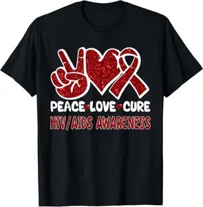 100% Cotton Peace Love Cure World Aids Day HIV/AIDS Awareness Men Women T-Shirt