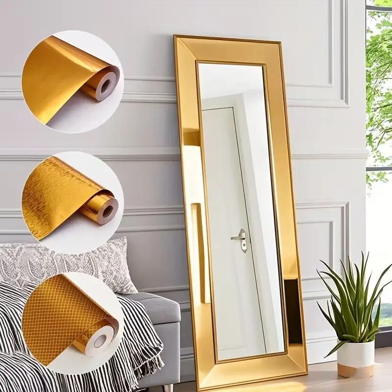 1 roll, gold mirror tape, wall borders peel and stick, PVC self-adhesive removable wallpaper, metallic decorative strip, suitable for bathroom, kitchen, mirror frame, cabinet, drawer, door frame and baseboard.
