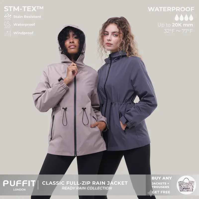PUFFIT STM-TEX Waterproof Lightweight Hoodie Jacket,Women's Warm Full Zip Rain Coat Adjustable Waist & Hood & Cuff Design Comfort Casual Inner Pocket,Outdoor,Shell Jacket,Windbreaker,Dog Walking,School Running,Womenswear,Winter Fall Jacket,2026 Shopping