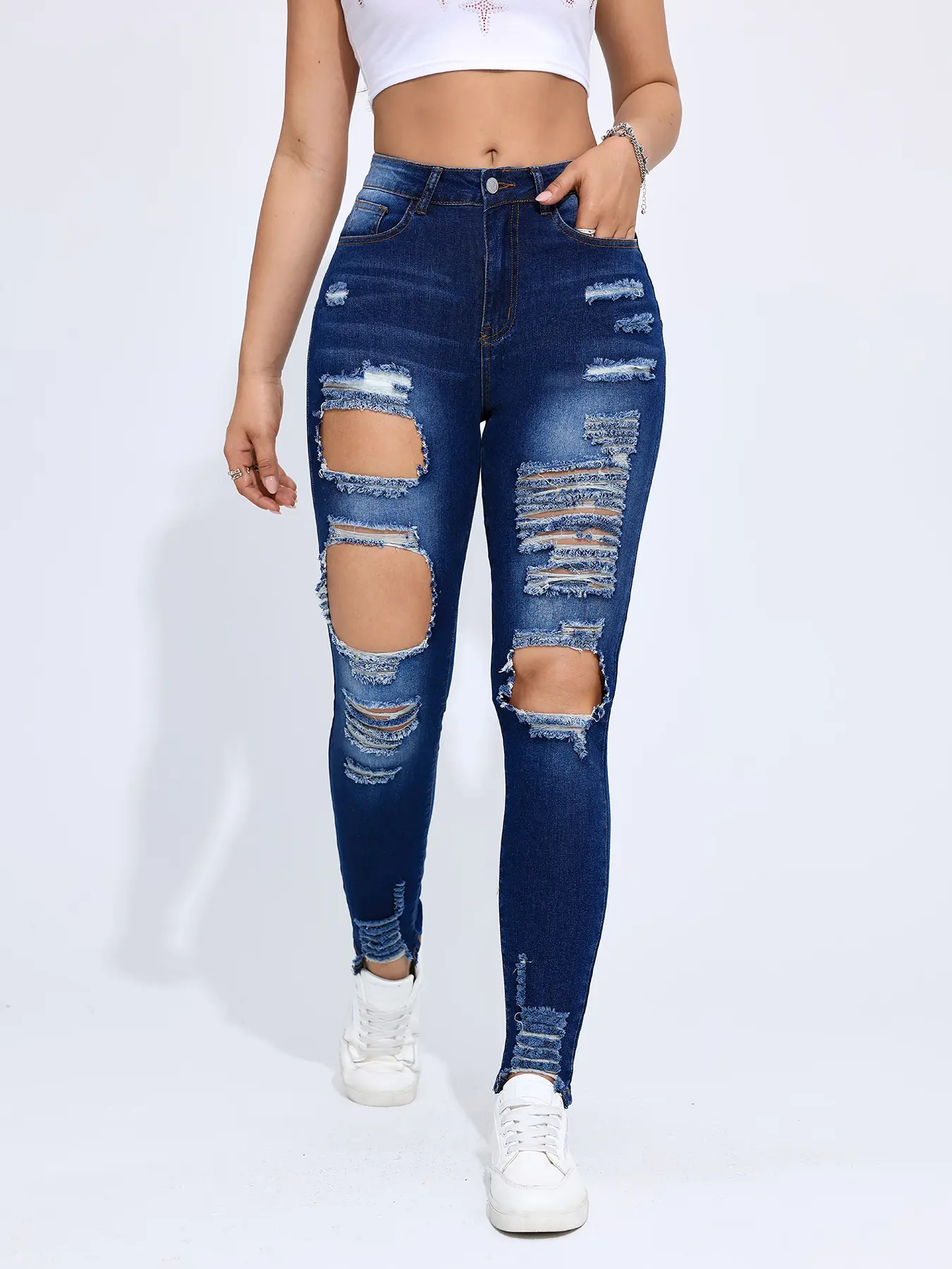Women's Stretchy Vintage Slim Fit Ripped Skinny Crop Jeans - Distressed Frayed Body-Fit Bottoms with Unique Hole Design for Elevated Silhouette, Slim Fit Jeans Blue Denim