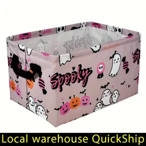 Foldable Canvas Storage Basket With Handles Halloween Cartoon Ghost Durable Bin Organizer For Nursery Kids Shelves Desks Large Halloween Gift Basket Teacher Book Laundry