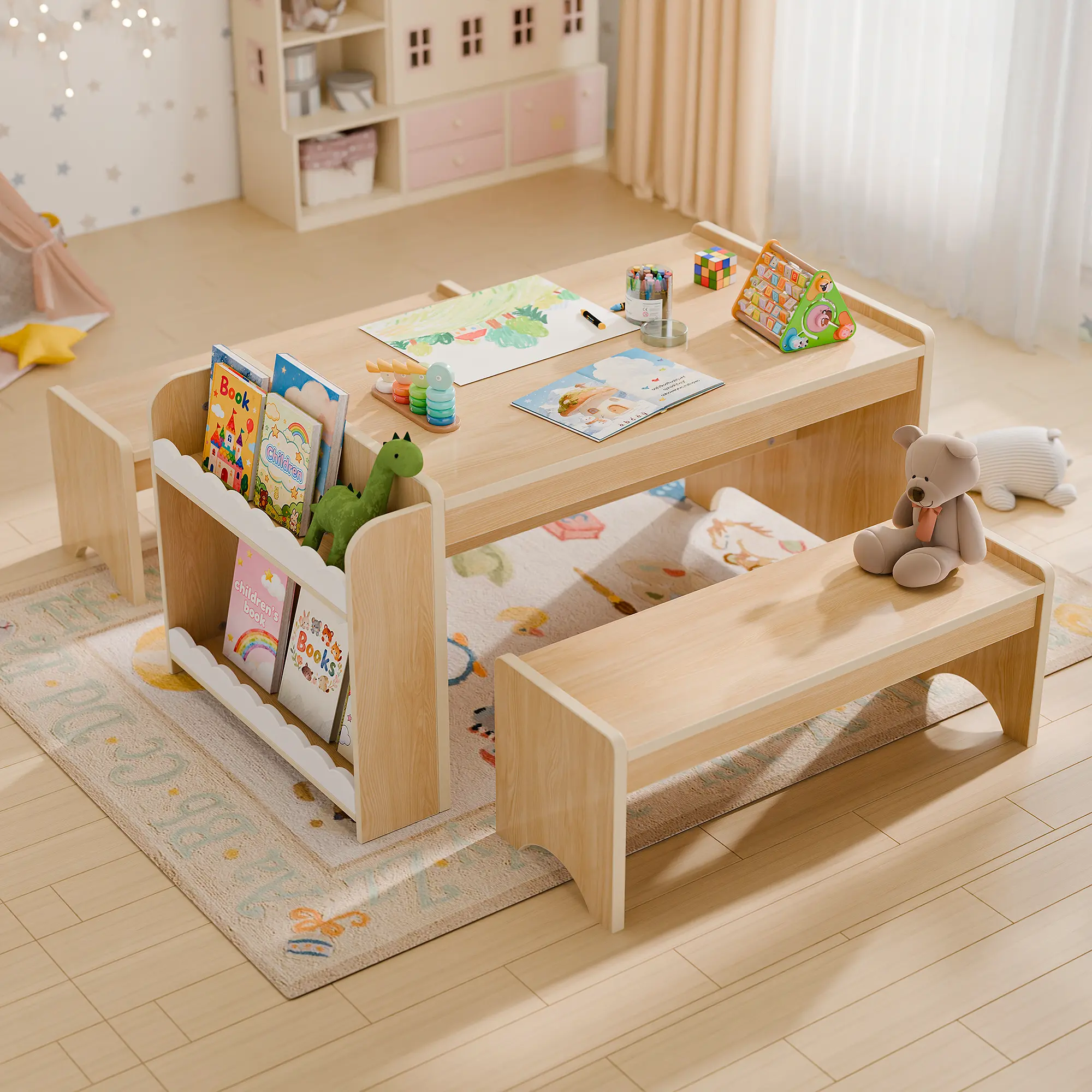 Montessori Kids Table and Chair Set, Wooden Kids Activity Table with Storage for Toddlers Learning Drawing Playing