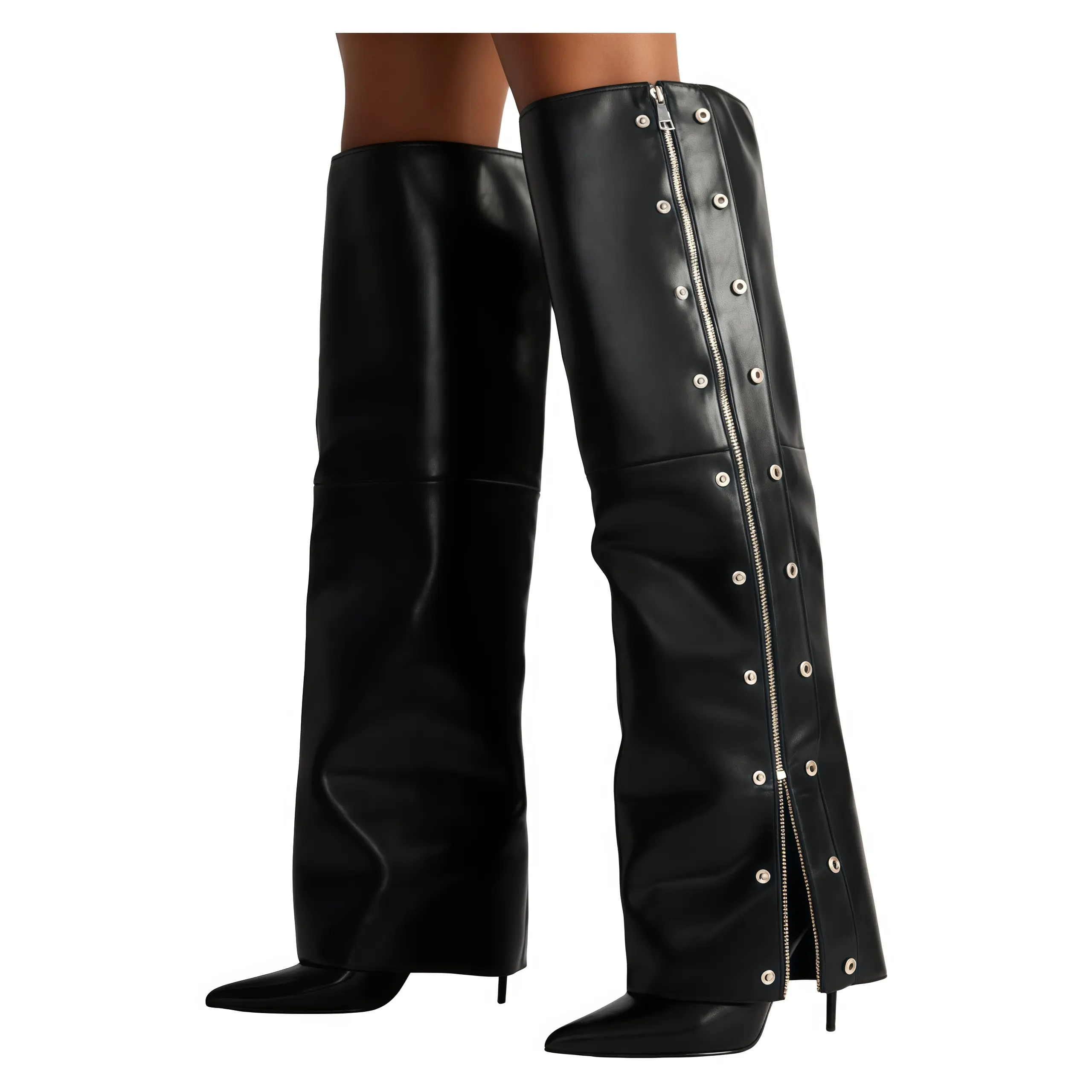 Women's Black PU Leather Over-The-Knee Stiletto Boots - Pointed-Toe, Studded Decor, Fold-Over, Full-Zip Girl's Shoe for Unique Stylish Looks & Any Occasion