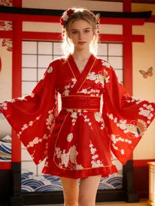 Women's Satin Modified Traditional Kimono Dress Womenswear Butterfly Cherry Blossom Printed Short Japanese Yukata With Obi belt For Halloween, Carnivals, Cherry Blossom Festivals, Photo Shoots, Party Cosplay Costumes Clothes Elegance