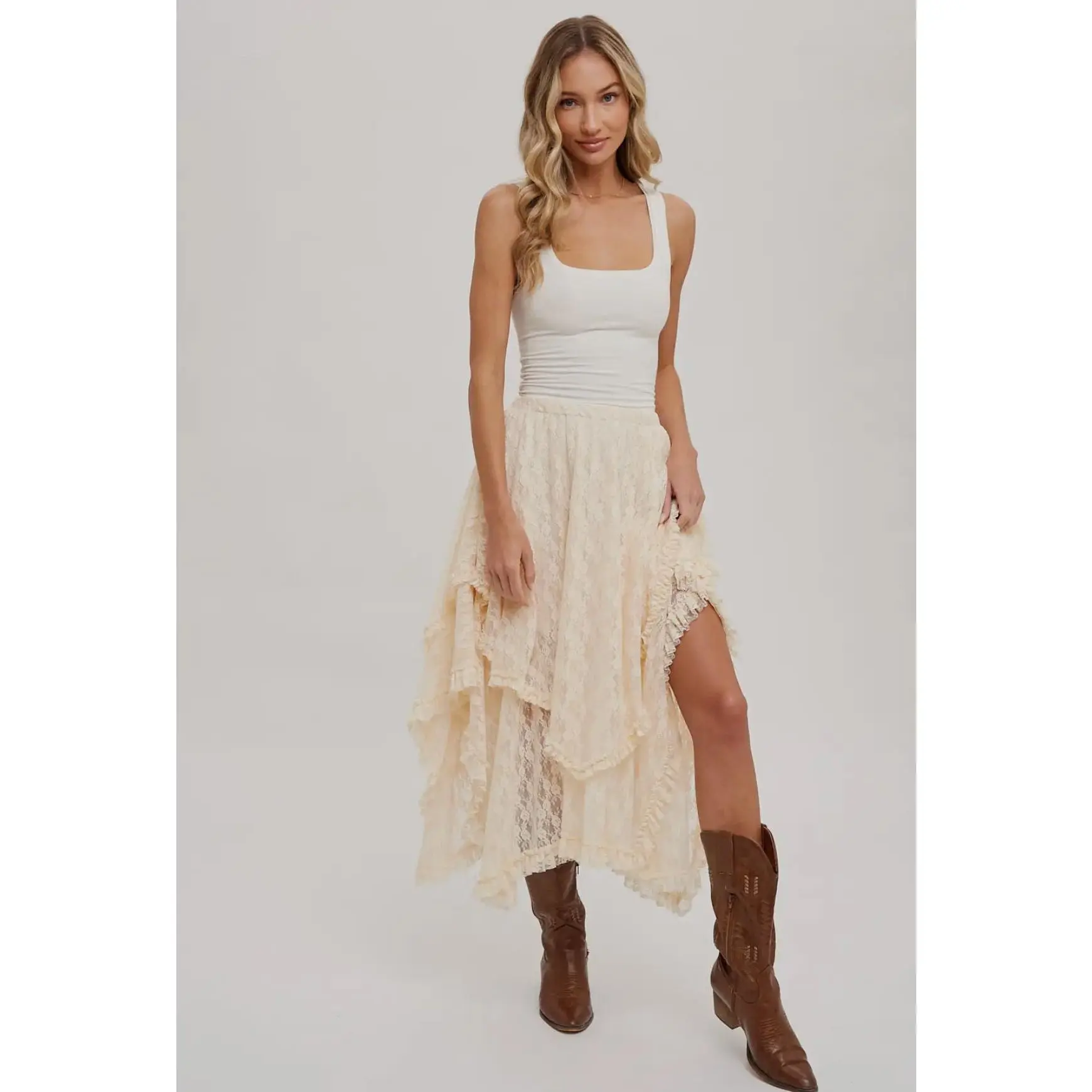 Creme Tiered Midi Lace n' Lined Skirt