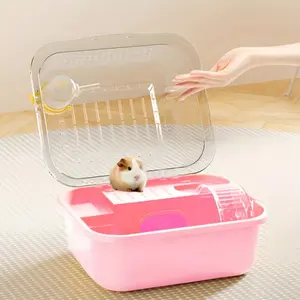 1pc Transparent Panoramic Hamster Cage with Yellow Base & Lid  Large Space Double-Layer Platform, Safe House Villa for Small Pets, Portable Breeding