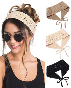 3 PCS Women Boho Headband Knit Hair Bands Floral Head Wrap for Women and Girls(Black+Beige+Coffee)