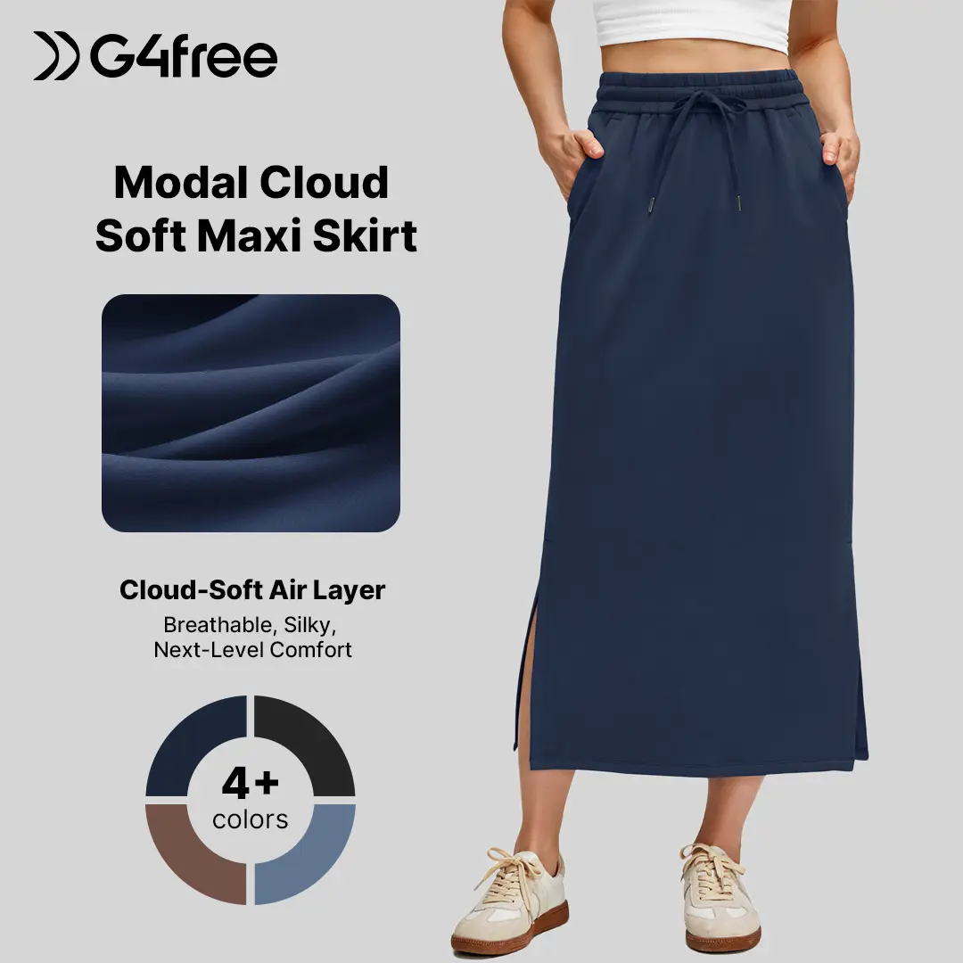 G4Free Smoofit Women's Maxi Skirt - Modal Soft, Drawstring, Summer Casual Long Bottom with Side Slits, 2 Pockets, Adjust-Fit Midi Skirt Lounge Wear, Midi Skirts