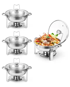 Gaomon 4-Piece 5QT Round Stainless Steel Chafing Dishes with Glass Lids, Temperature-Controlled Buffet Servers & Warmers for Parties, Catering Supplies (Silver), Four Pieces