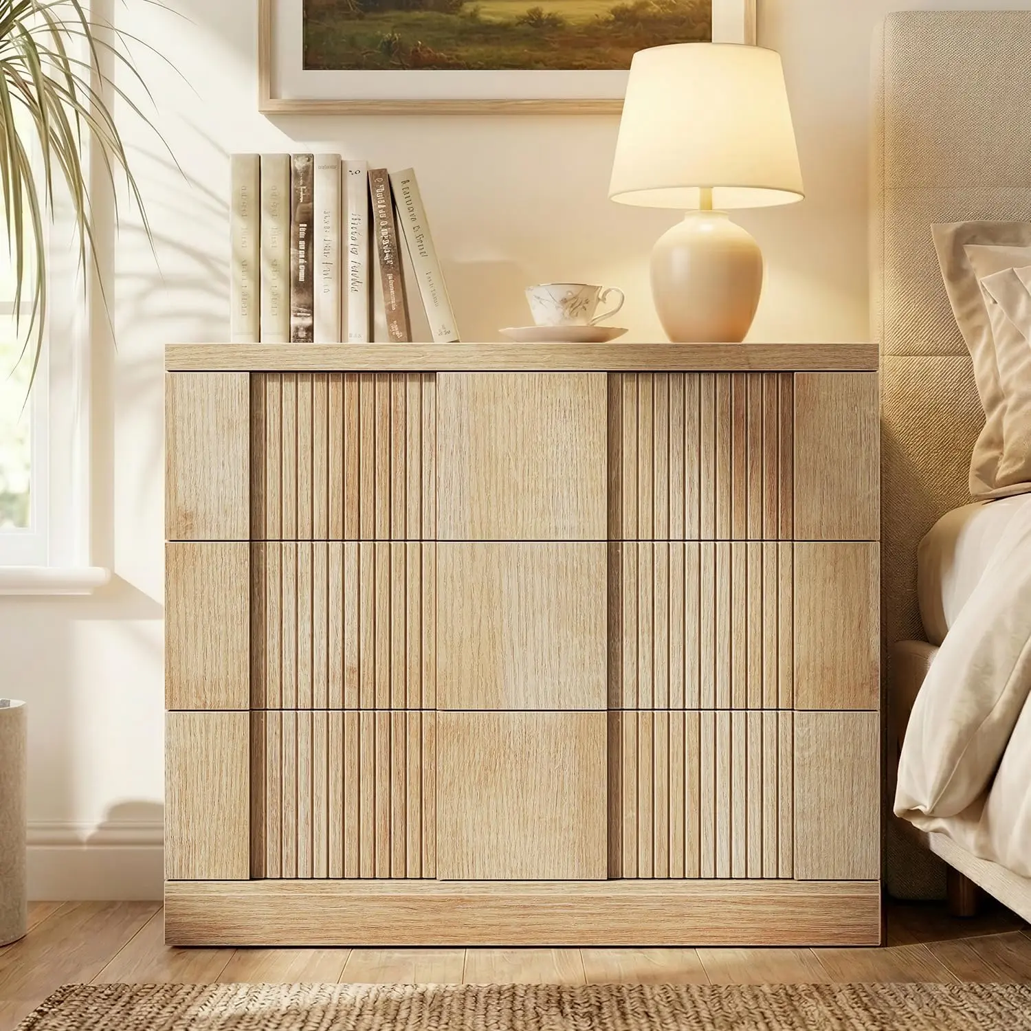 Hauoms Fluted Engineered Wood Nightstand - 27.6in Tall, 31.5in Wide Oversized Handle-Free King Compatible, 3-Drawer Thickened Top Mid-Century Modern Storage Side Table for Bedroom