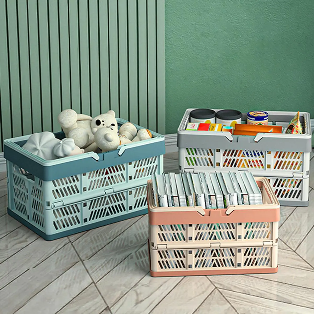 Foldable Storage Basket, 1 Box Collapsible Grocery Basket with Handle, Portable Storage Basket with Handles for Home Kitchen & Outdoor Camping, Kitchen Storage Baskets, Organiser