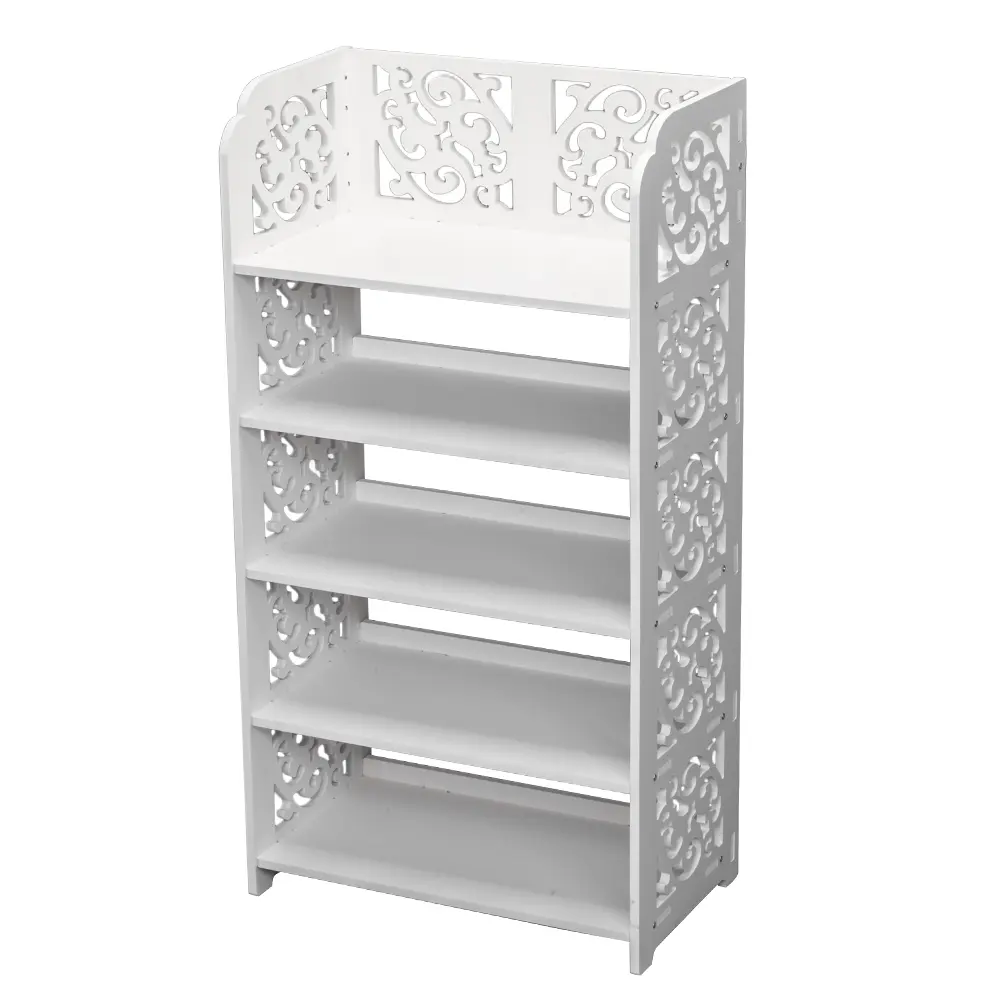 5-Tier White Carved Wood-Plastic Shoe Storage Organizer - Waterproof, Hollow Cutout, Tool-Free Installation, Stackable Shoe Shelf, Smooth Rack for Home Storage Decoration Wooden Shoe Rack