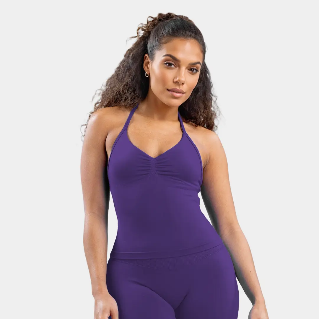 Dlynio Ladies Figure-Hugging Halter Longline Bra, Ruched Bust Padded Wireless Yoga Tank Top, Tummy Smoothing Compression Activewear for Low & Medium Impact Activities