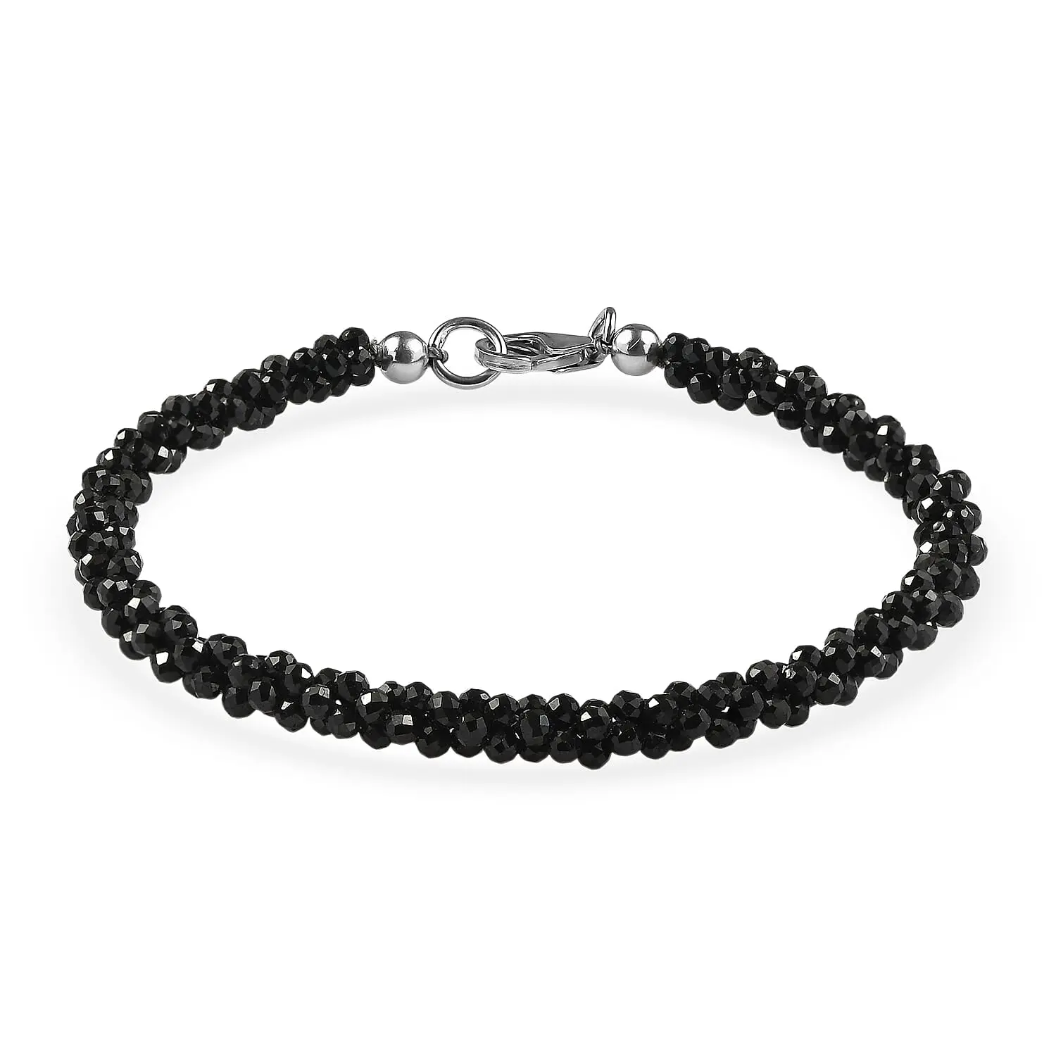 D'Joy Thai Black Spinel 27.00 ctw Twisted Three Row Beaded Bracelet in Rhodium Over Sterling Silver (7.25 In)