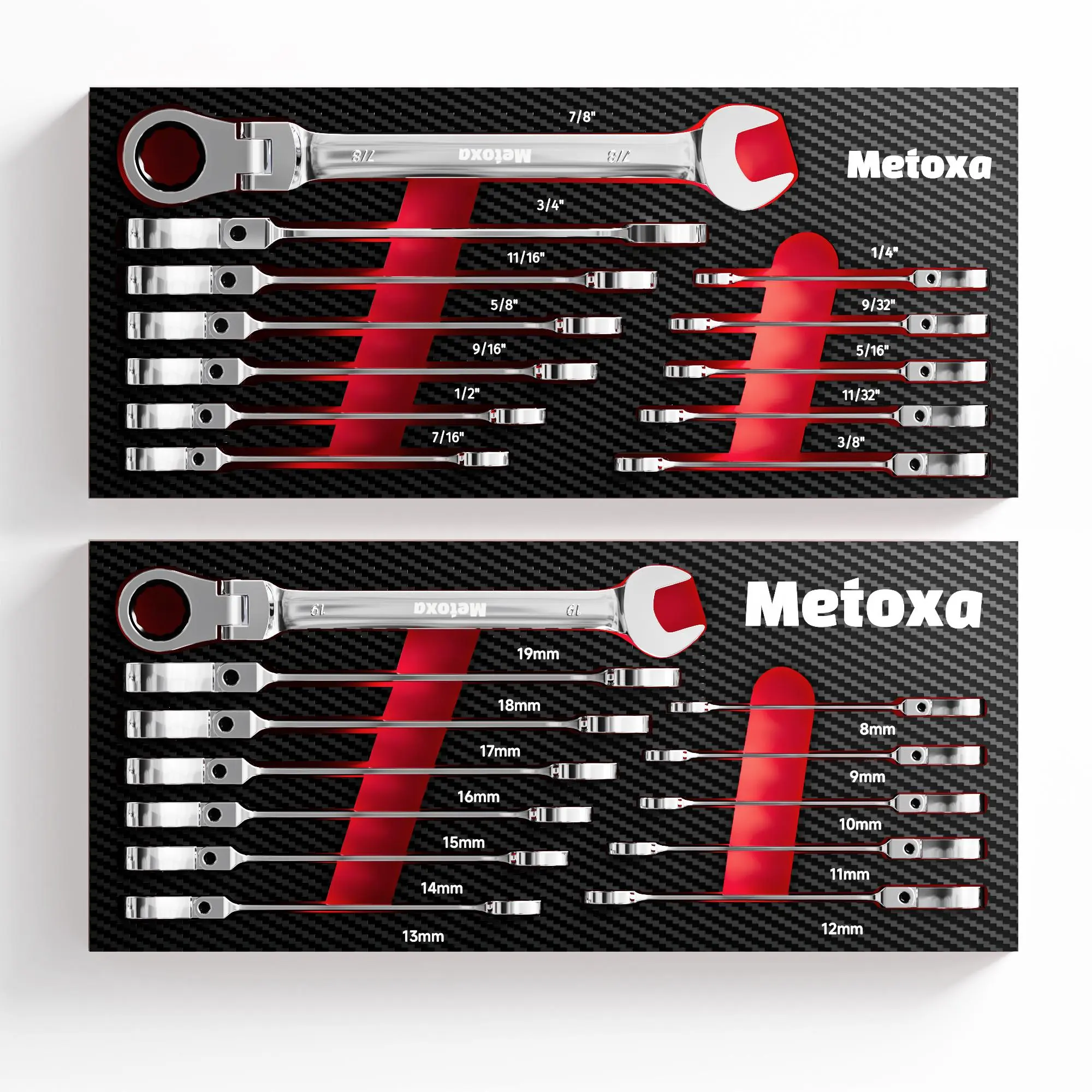 METOXA 180° Pivot Flex-Head Ratcheting Combination Wrench Set with Rack - CR-V Steel Metric & SAE Multifunctional, Flexible for Auto Repair & DIY Projects, Organizer Included, Flexible Combination Wrenches, Multifunctional Wrench Set