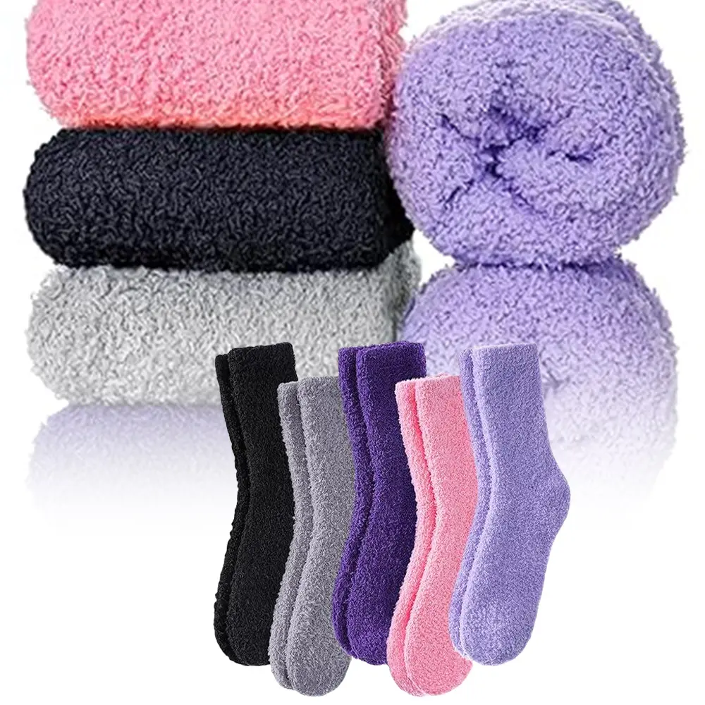 5 Pairs of Soft and Comfortable Warm Socks, Women's Fluffy and Comfortable Sleep Socks, Solid Color Women's Round Neck Socks, Winter Christmas Socks, Suitable for Daily Wear in Winter, Party Womenswear Fashion Gifts