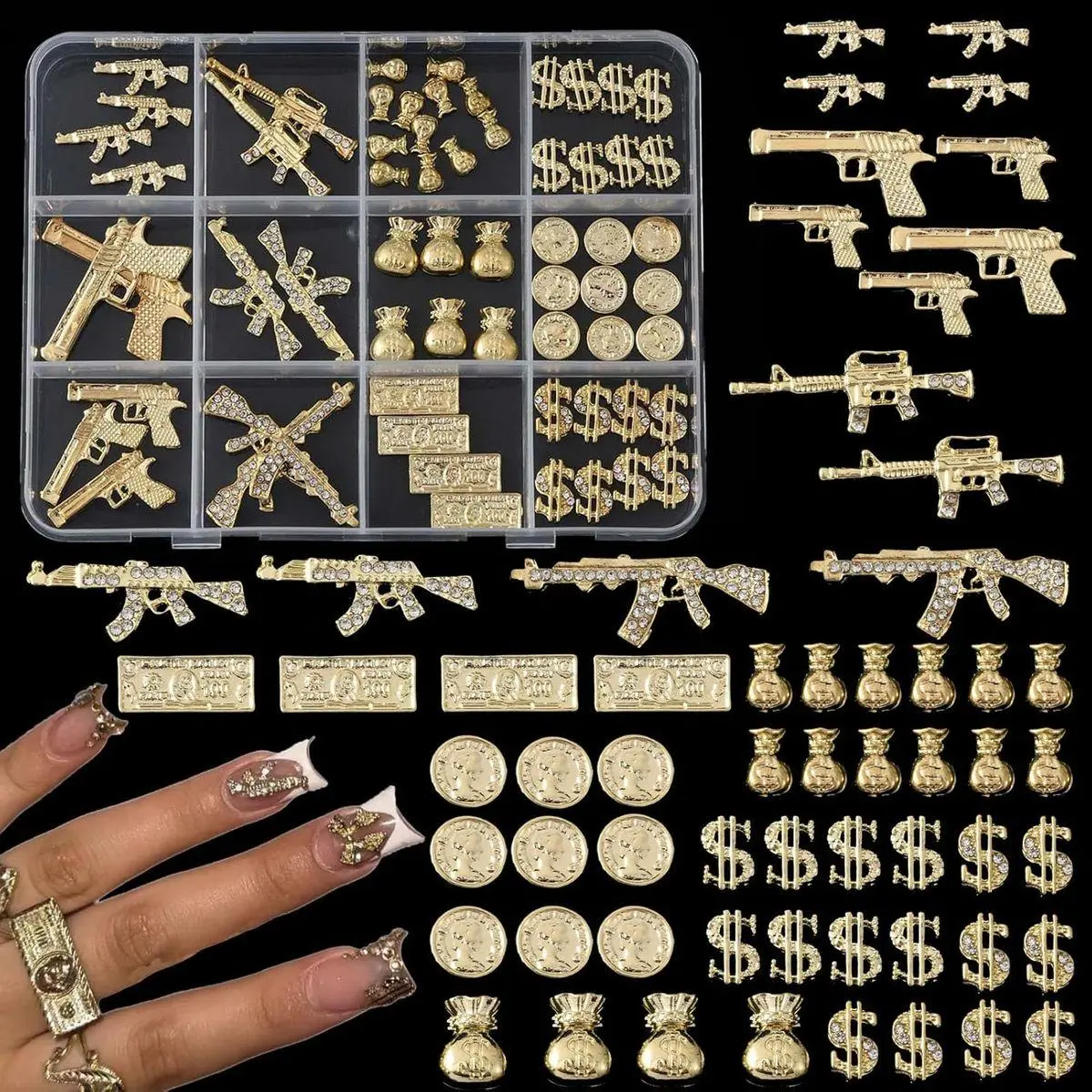 62PCS 3D Nail Charms for Alloy Nails,Set Nail Art Decoration with Gold Dollar, Gun, and Coin,Nail Stones and Jewels Accessories for Nail Supplies Manicure Craft DIY(Gold)