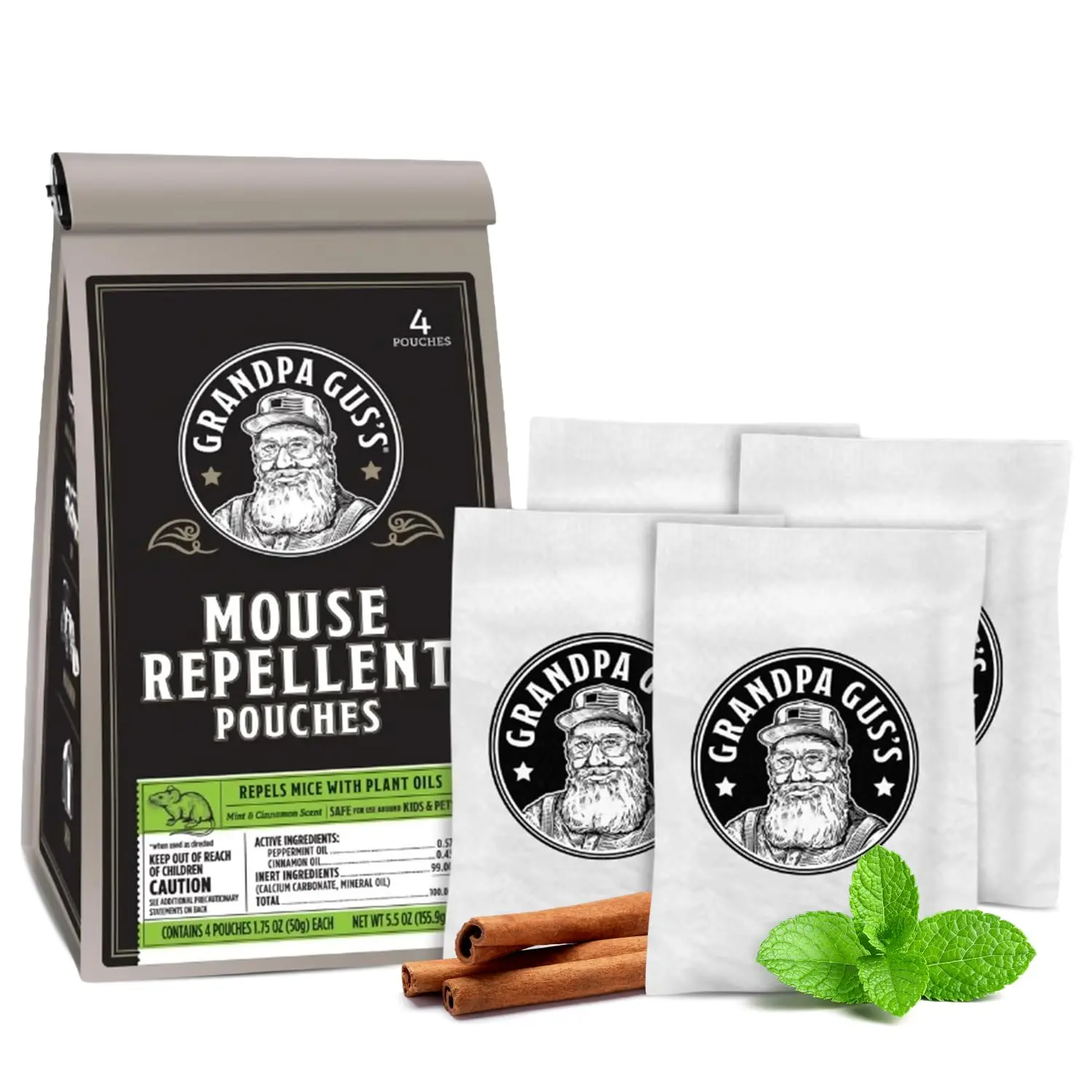 4-Pouches Natural Peppermint Oil & Cinnamon Oil Compact Mouse Repellent Pouches, Non-Lethal Humane Rodent Deterrent, Indoor Safe for Basements, 3-Month Protection for Sheds, Cabins