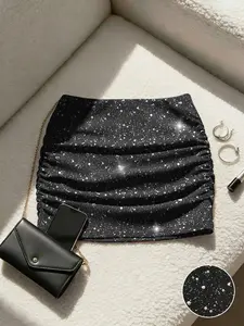 Silver Color Pleated Mini Skirt, High Waist Shiny Tight Fit, Sexy Nightclub Style, Elastic Fabric, Perfect for Parties and Raves