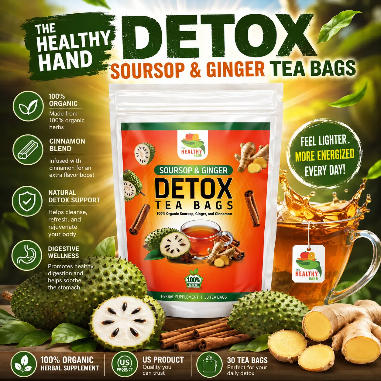 The Healthy Hand Soursop & Ginger Detox Tea Bags - 100% Organic Herbal Supplement with Cinnamon - 30 Tea Bags - US Product
