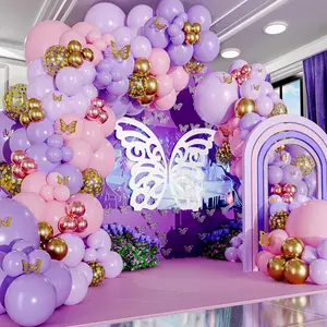 All-In-1 Pink And Purple Balloon Arch Kit & Garland With Bonus Gold Butterfly Balloon Arch Kit – Pastel Pinks And Purples Balloons For Girl Pink And Purple Party Decorations Or Baby Shower Decorations