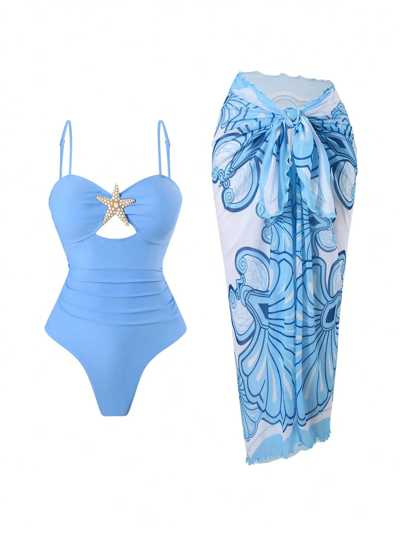 Nautical-Inspired Starred Swimwear, 2-Piece Form-fitting Blue Bikini with Printed Sarong as a Summer Beach Swimsuit Coverup, Starred Swimwear Cover Ups