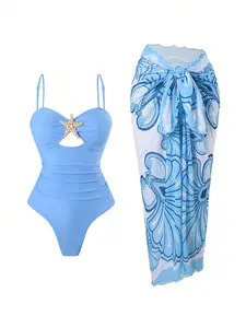 Nautical-Inspired Separated Swimsuit and Sarong Set Form-fitting blue swimsuit with starfish detail, paired with a lightweight, tie-front printed sarong for beach styling Summer Vibes