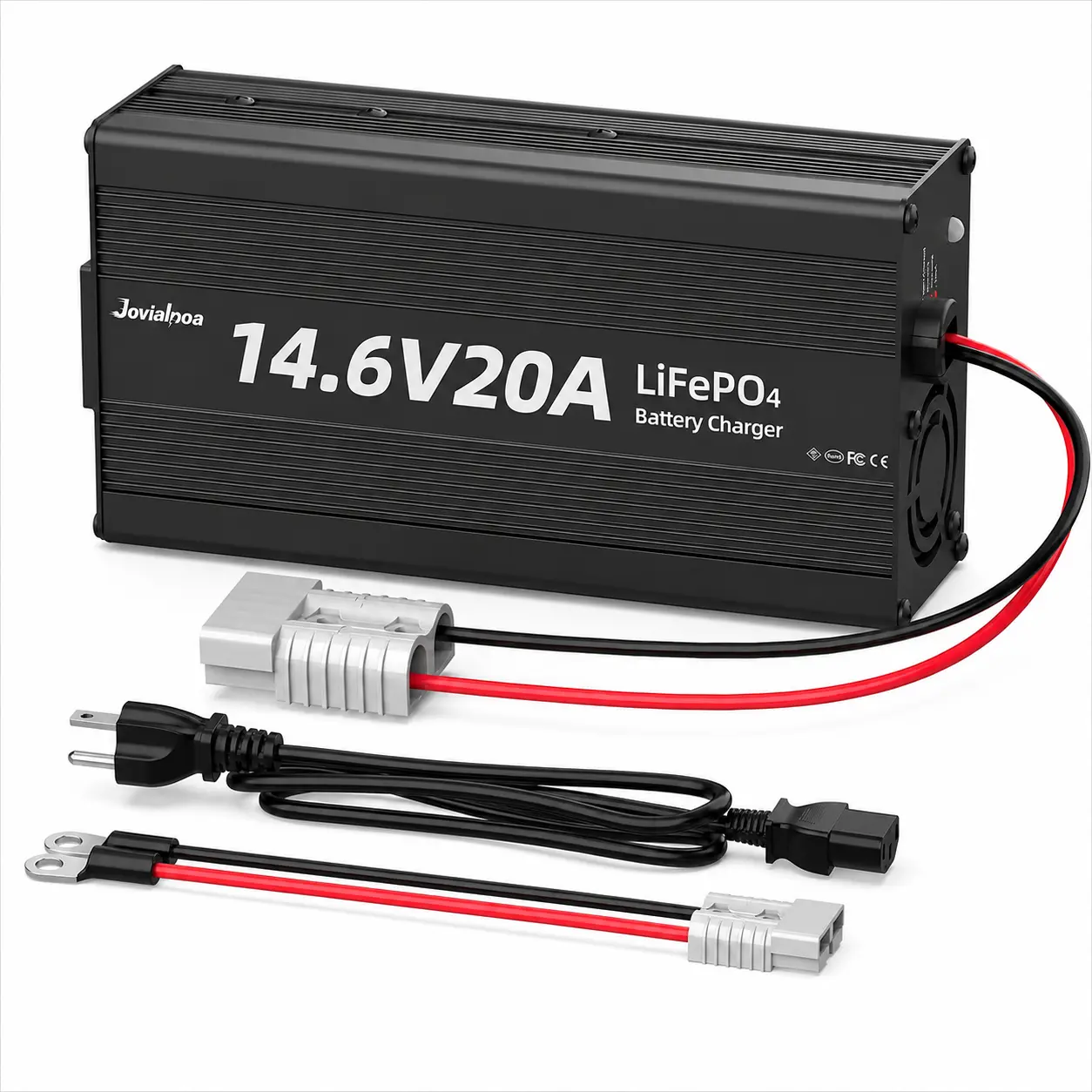 Jovialpoa 12V（14.6V) 20A 292W Output LiFePO4 Battery Charger For 12V LiFePO4 Batteries, AC-DC Smart Charger Aluminum Alloy Casing, 50A Anderson Connectors, LED Indicator, Cooling Fan