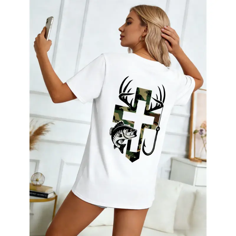 Youth Fitted Short-Sleeve Camo Prints Christian Faith Cross Hook Tops, Ideal for Hunting & Fishing Vibe