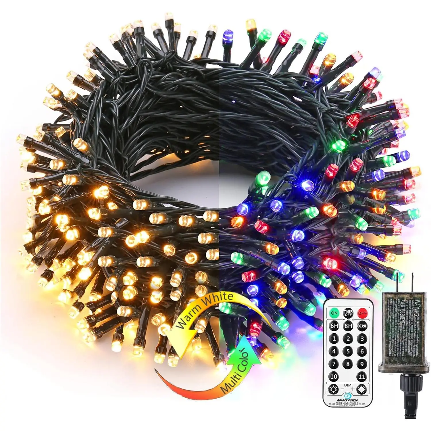 Color Changing Christmas Lights, 115ft 300 LED Christmas String Lights, 11 Modes Warm White Multicolor Lights, 24V Safe Adapter Dimmable Light with Timer Remote for Xmas Party Tree Decor Decoration Circle