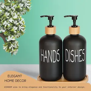 Glass Soap Dispenser Set. Hand and Dish with Bamboo Tray. Vintage Pump for Kitchen Sink Bathroom. Stylish Permanent Labels (Matte Black)