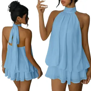 Women's Baby Blue Halter Backless Tie Neck Chiffon Tiered Ruffle Mini Dress, Elegant Summer Wedding Guest Cocktail Evening Party Date Night Beach Vacation Short Dress