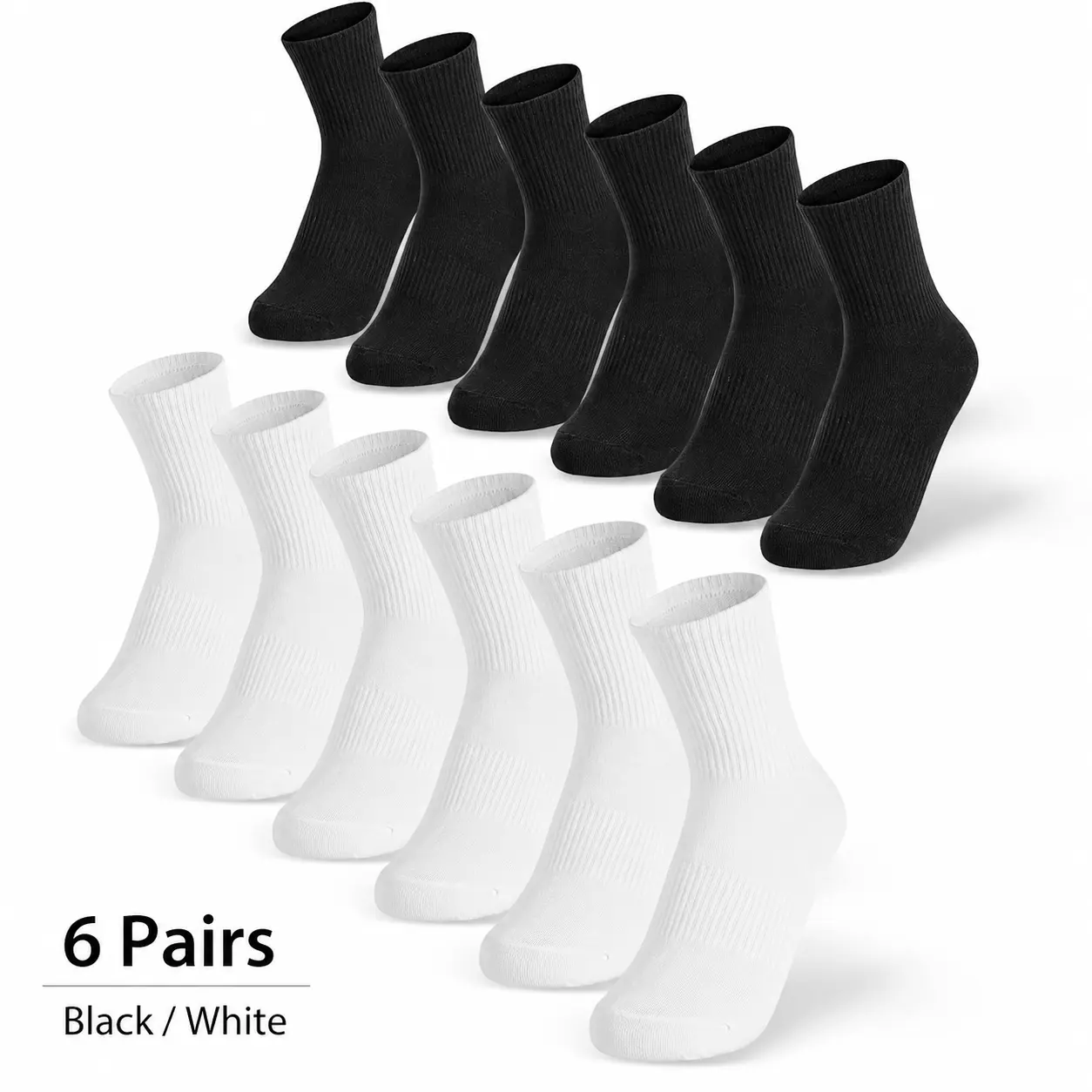 Unisex Cushioned Cotton Athletic Crew Socks - 6 Pairs, Durable, Machine Washable for Running, Hiking, Everyday Wear