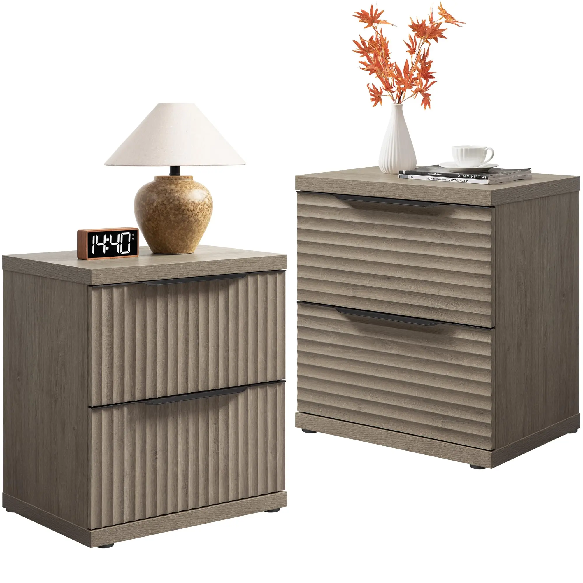 SICOTAS Night Stand Set 2 Fluted, Large Nightstands with 2 Storage Drawers, Bedside Tables for Bedroom, Nightstands Set of 2, 24.3" Tall Mid Century Modern Bed Side End Table,dorm essentials,home decor