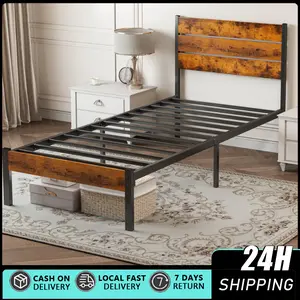 Bamboo and Metal Platform Bed Frame with Headboard, No Box Spring Needed, Easy Assembly, Queen, Brown Metal Platform Bed Frame - Mattress Foundation with Headboard and and Footboard, No Box Spring Needed with 800LBS Sturdy Wooden Slats Support