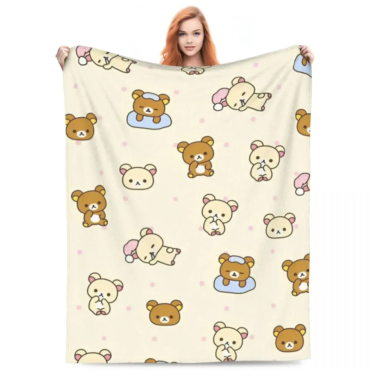 Cute Rilakkuma Cartoon Flannel Fleece Cozy Throw Blanket for Home Decor Airplane Travel Gift Bedspread Couch Bed Cover