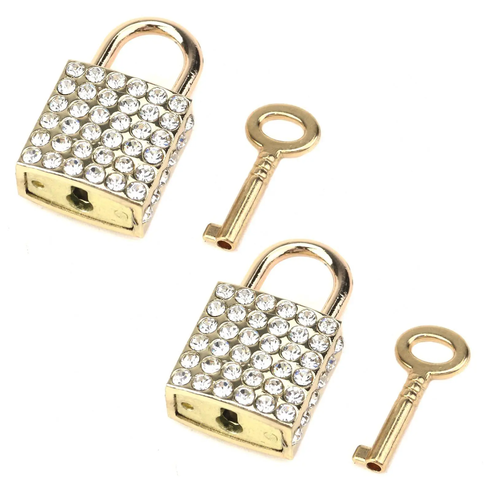 2-Piece Zinc Alloy Gold Small Square Rhinestone Sparkles Keyed Padlock Set, 1.76oz, 3.07x2.72x0.67in, Box Lock & Cabinet Lock, Thoughtful Gift for Luggage Use