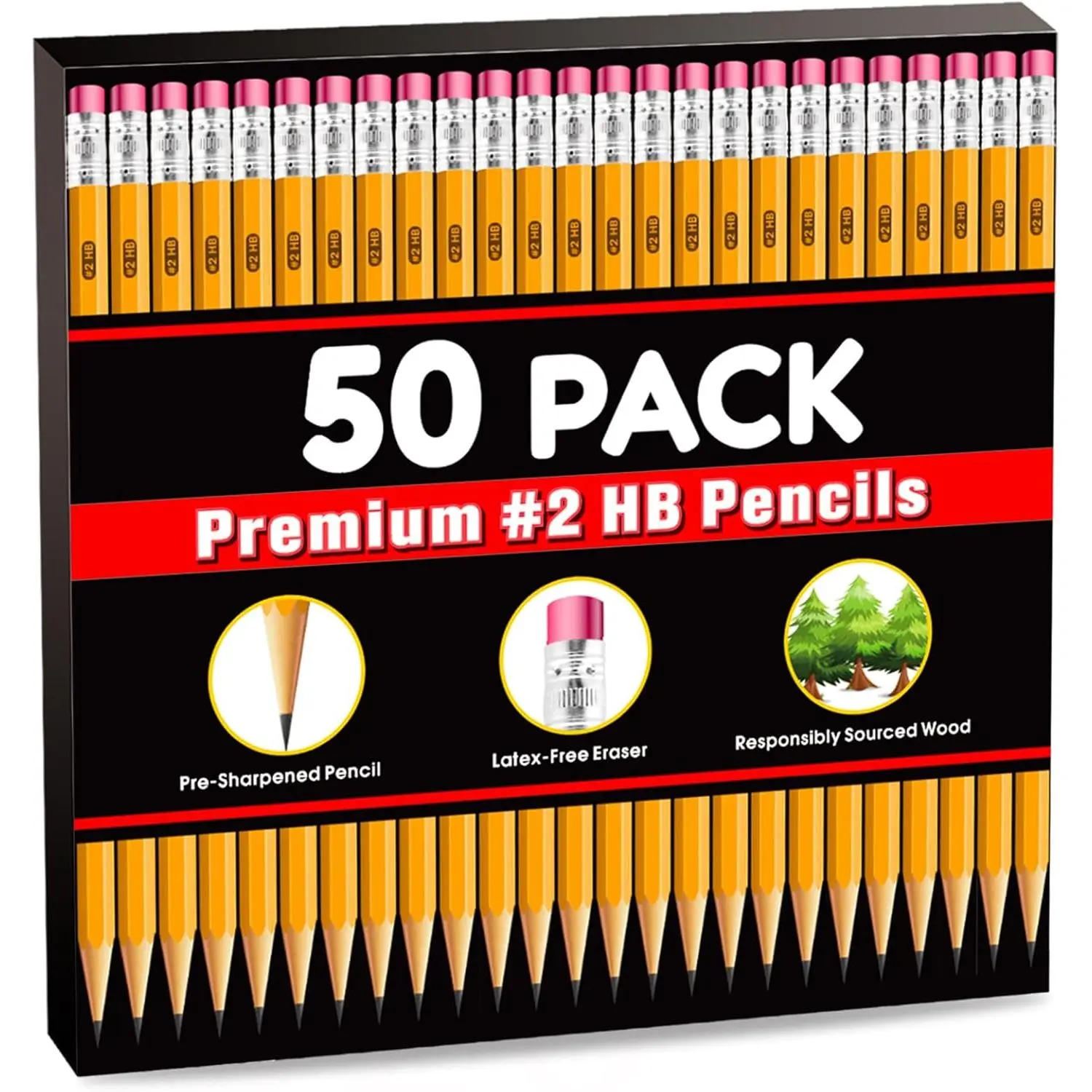 50 Pack #2 HB Graphite Pencils, Bulk Pre-sharpened Yellow Writing Drawing Pencils with Latex-free Eraser Tops, Cased for Office School Supplies, Smooth Write, Long-time Use, Manufacturer Warranty