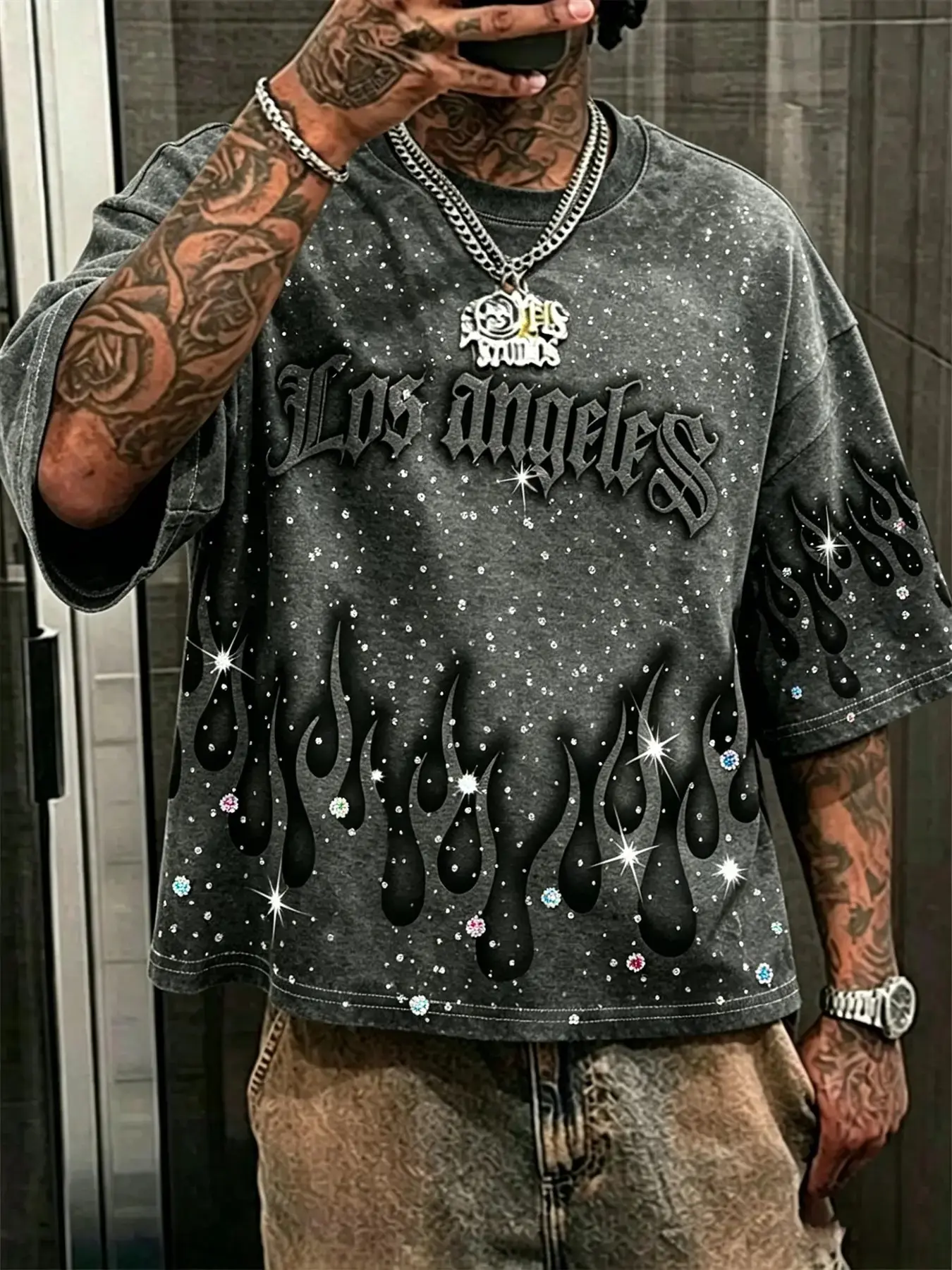 Men's "Los Angeles" Rhinestone Flame Print T-Shirt, Vintage Washed Black Gothic Streetwear Tee with Sparkly Crystals