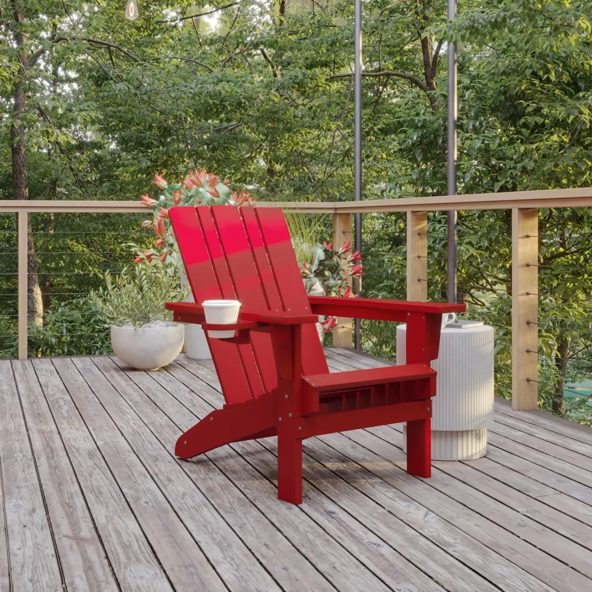 Flash Furniture LE-HMP-1045-10-RD-GG Halifax Adirondack Chair with Cup Holder, Weather Resistant HDPE Adirondack Chair in Red