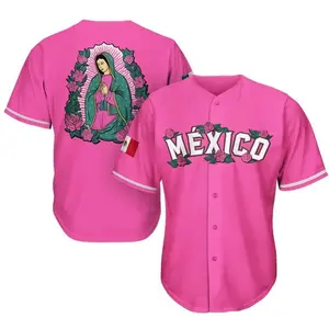 Virgen de Guadalupe Pink Baseball Jersey -Traditional Mexican Icon Design with Roses & MEXICO Print