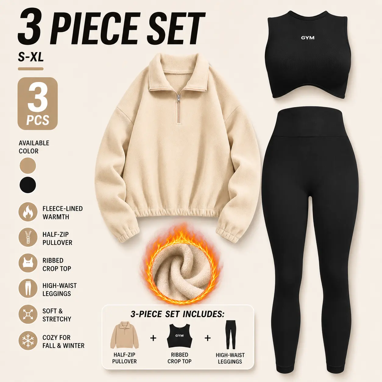 TCVC Women’s 3-Piece Fleece-Lined Activewear Set – High-Neck Half-Zip Pullover, Seamless Stretch Crop Top & High-Waisted Leggings, Warm Fall/Winter Workout Outfit for Gym, Yoga, Running & Casual Wear
