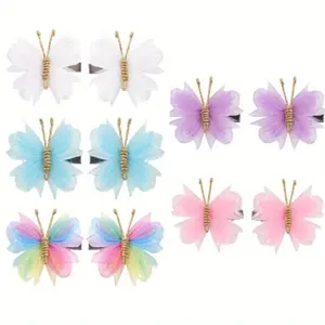 10PCS 2inch Small Hair Clips, Mini Butterfly Hair Barrettes, 2" Tulle Mesh, Colorful Butterfly Hair Accessories for Teens Girls Women Halloween Cosplaying Party Decor thick