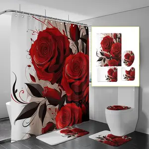 Valentine's Day Floral Pattern Shower Curtain Set, 4 Counts/set Including Shower Curtain & Toilet Lid Cover & Rectangular Mat & U-shaped Mat, Bathroom Accessories, Flowers