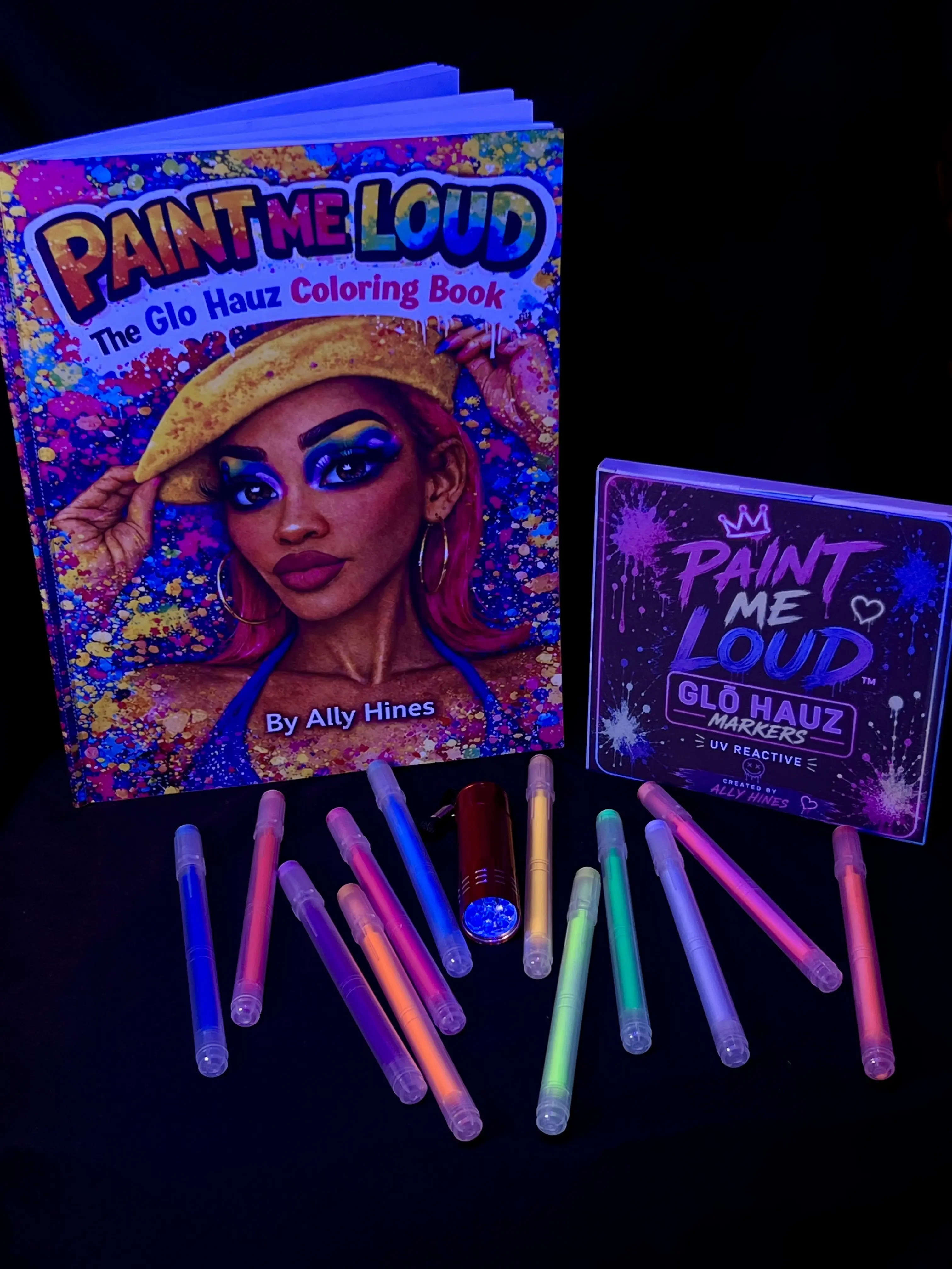Paint Me Loud Glō HAUZ UV Glow Kit – Coloring Book, 12 Neon Markers & UV Light