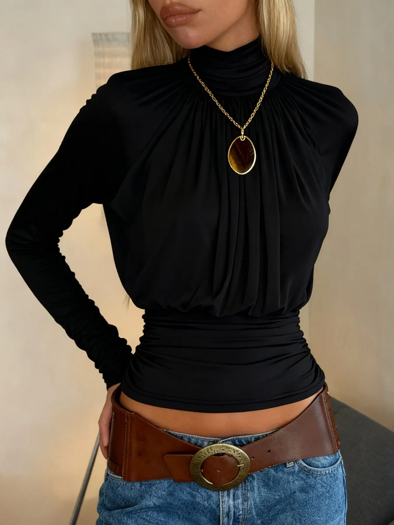 Elegant High-Neck Turtleneck Ruched Slim Fit Long Sleeve Top, Solid Color Fashion Knitwear for Women, Spring & Fall Casual Commuter Wear