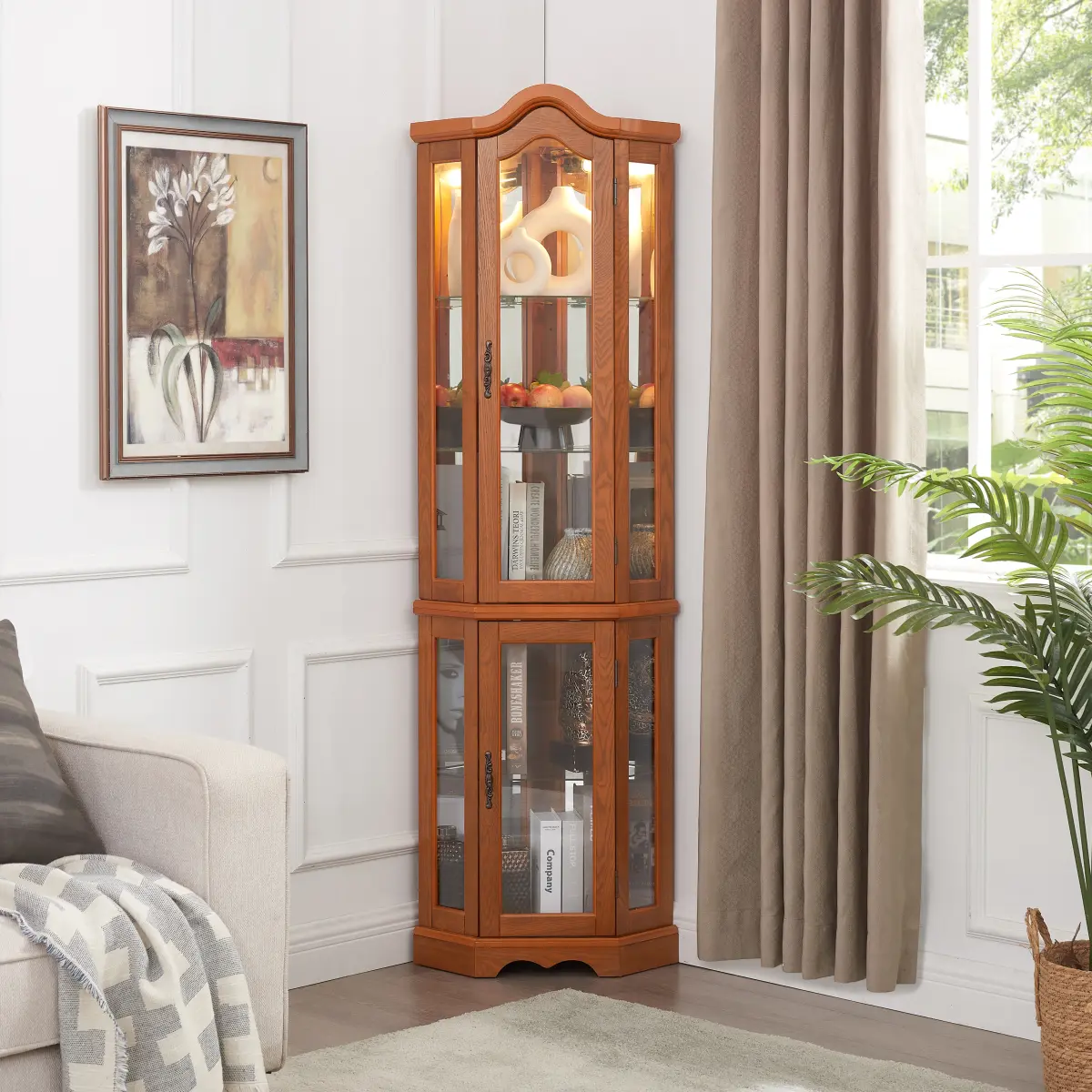 Bellemave Lighted Corner Curio Cabinet with Tempered Glass Doors, Adjustable Shelves, Modern Home Furniture Storage Unit for Showcasing in Living Room, Bedroom, Functional Glass Cabinets, Classic Glass Cabinets