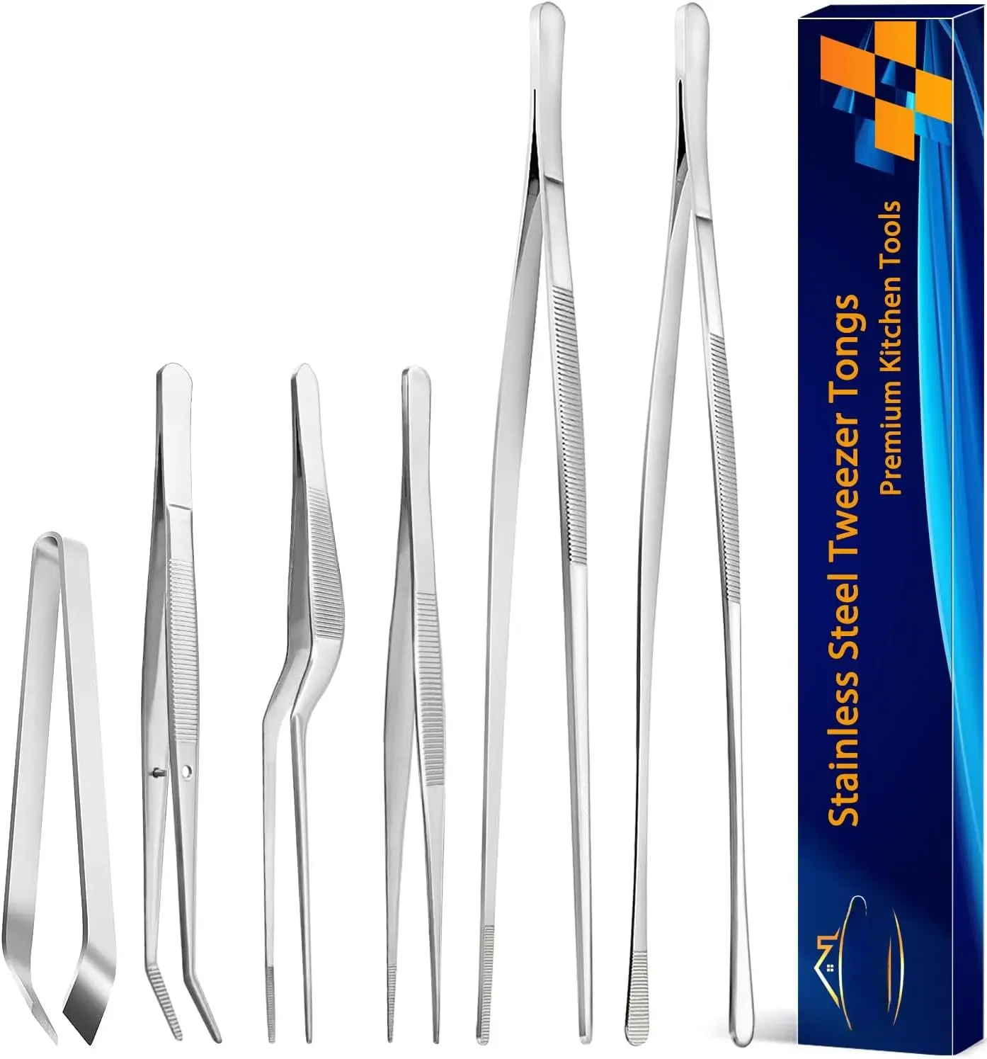 6 count Cooking Tweezer Tongs, 12'' and 6.3" Stainless Steel Kitchen Tweezer Set, Professional Chef Tweezers for Cooking, Repairing, Sea , BBQ, Multi-use