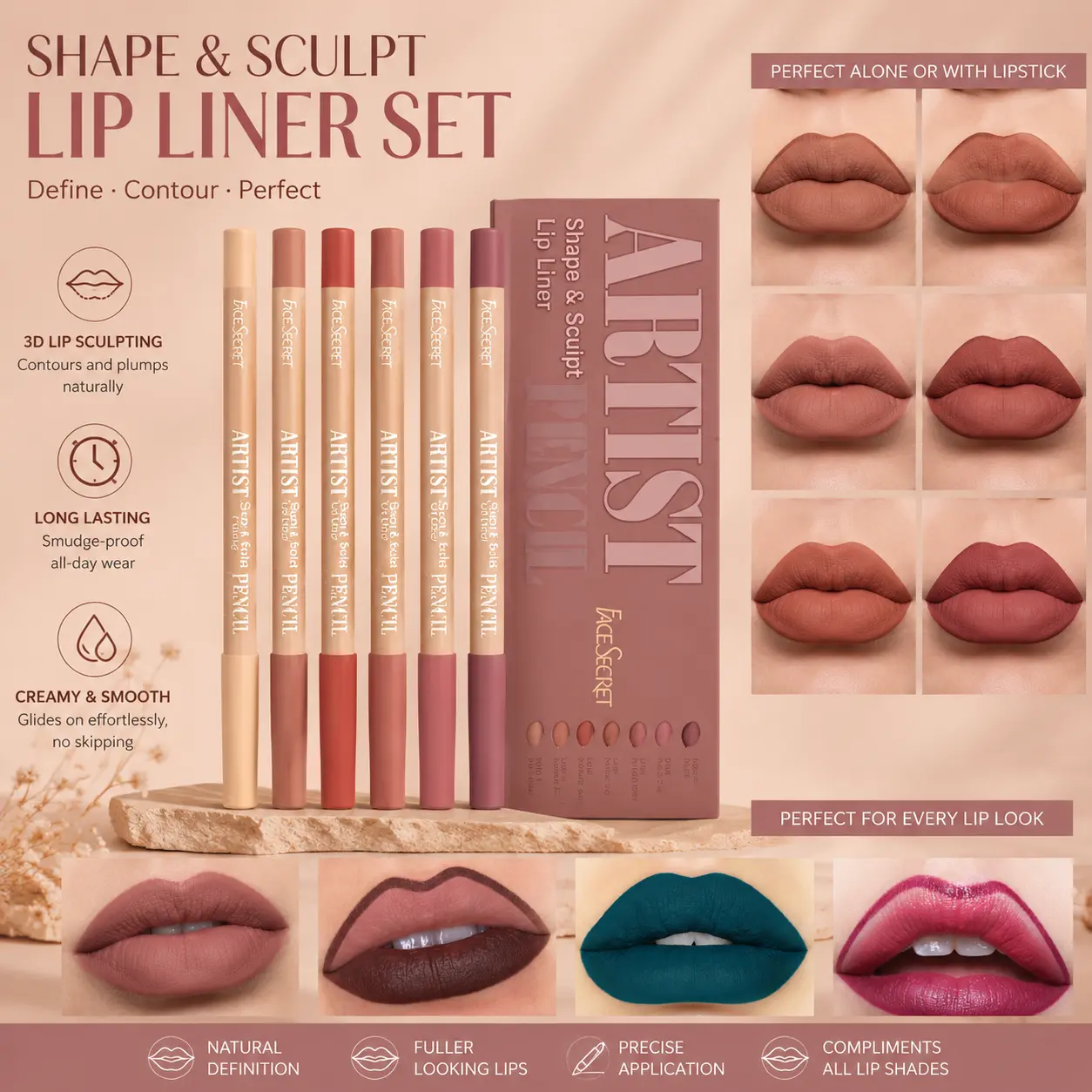 6-Piece Nude Brown Lip Liner Set, Lip Product, Box Makeup Sets for All Skin Types, Versatile Shades, Easy Application for Daily & Special Occasions, Flawless Cosmetic, Nude Brown Set